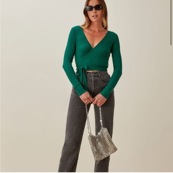 Reformation NWOT Petalo Green Wrap Top - Picture 3 of 7